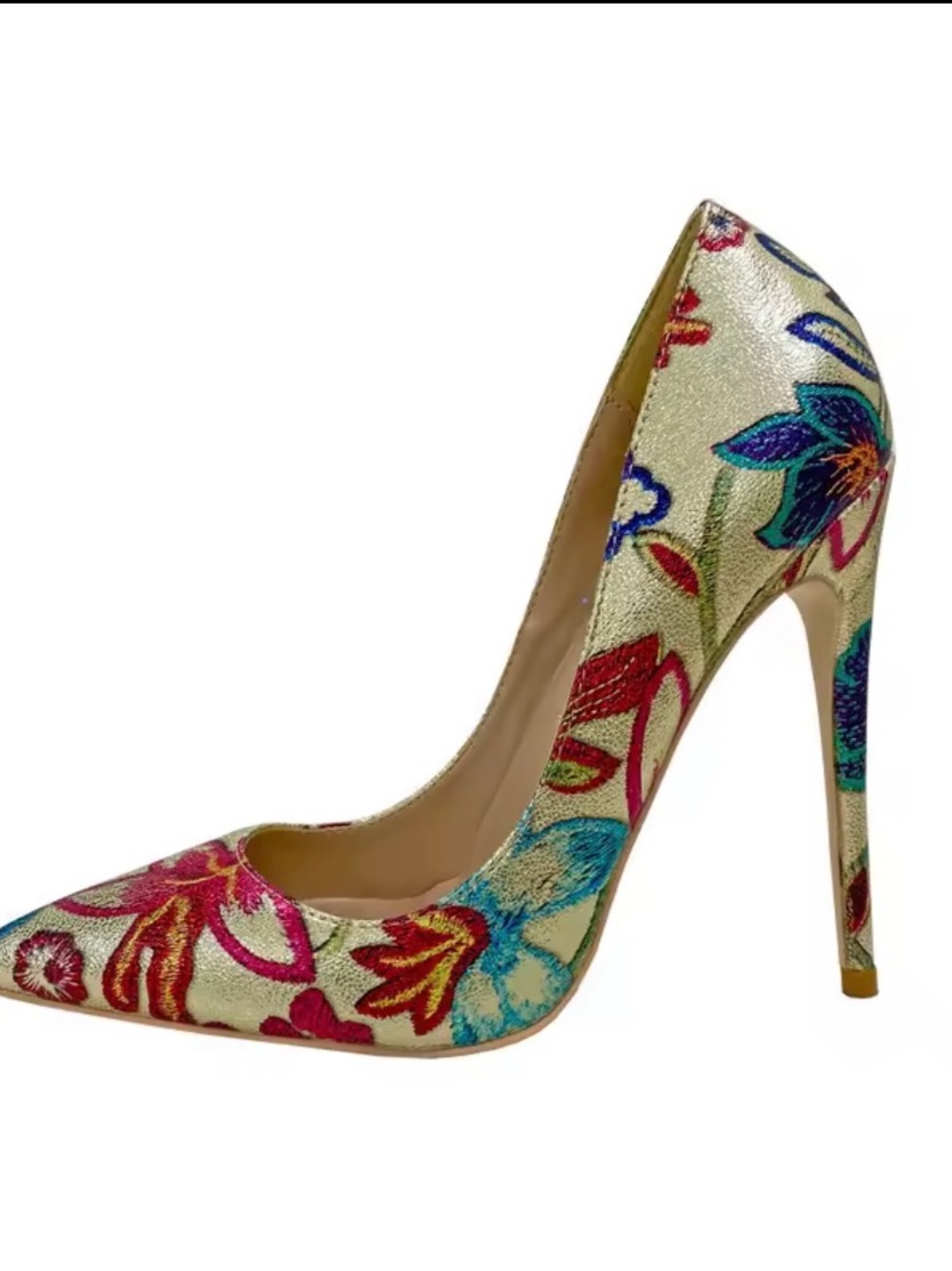Floral Metallic Pointed-Toe Stiletto Pumps - Gold